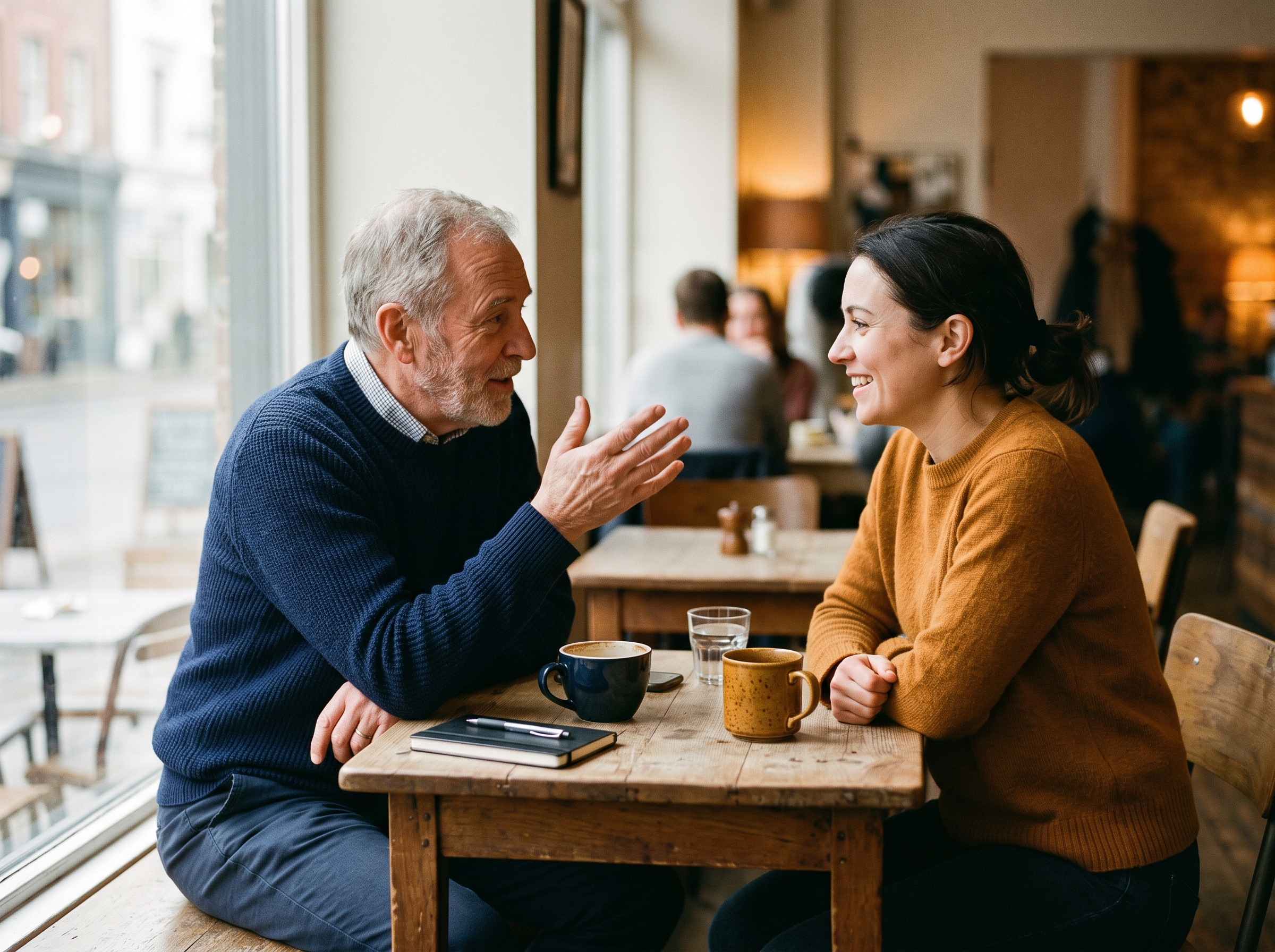 An advisor and a client in genuine conversation at a small table by a window, notepad and coffee between them.