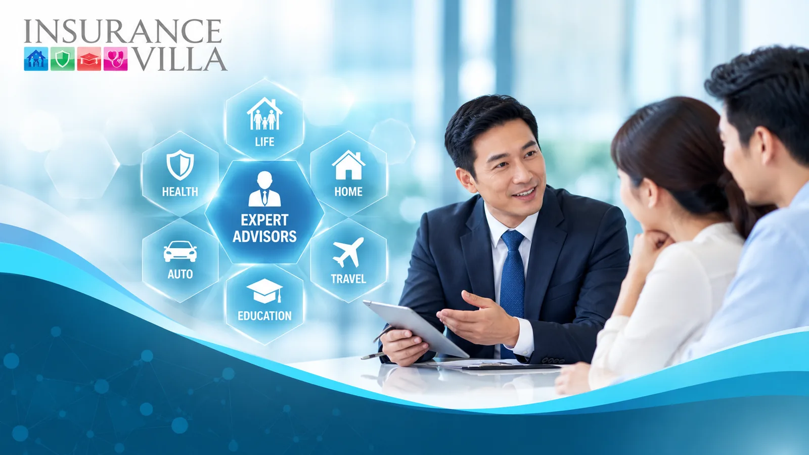 Insurance advisor meeting with a couple, with life, health, home, auto, travel and education coverage icons