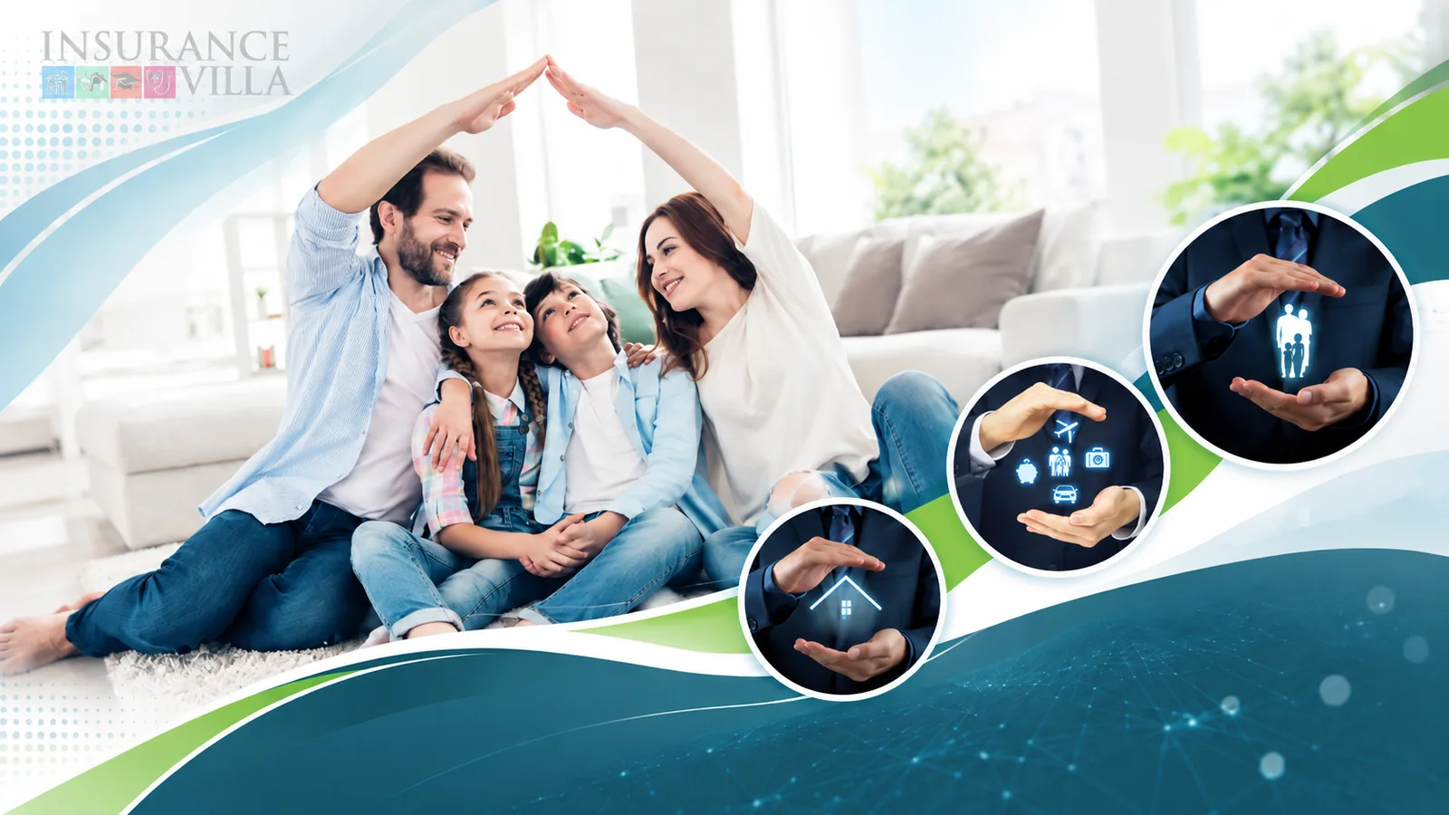 Family sitting together forming a protective roof with their hands, with home, travel and family insurance icons