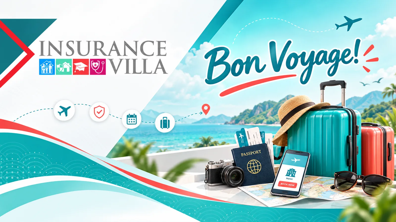 Bon voyage! Suitcases, passport, camera and phone with a tropical coastline behind