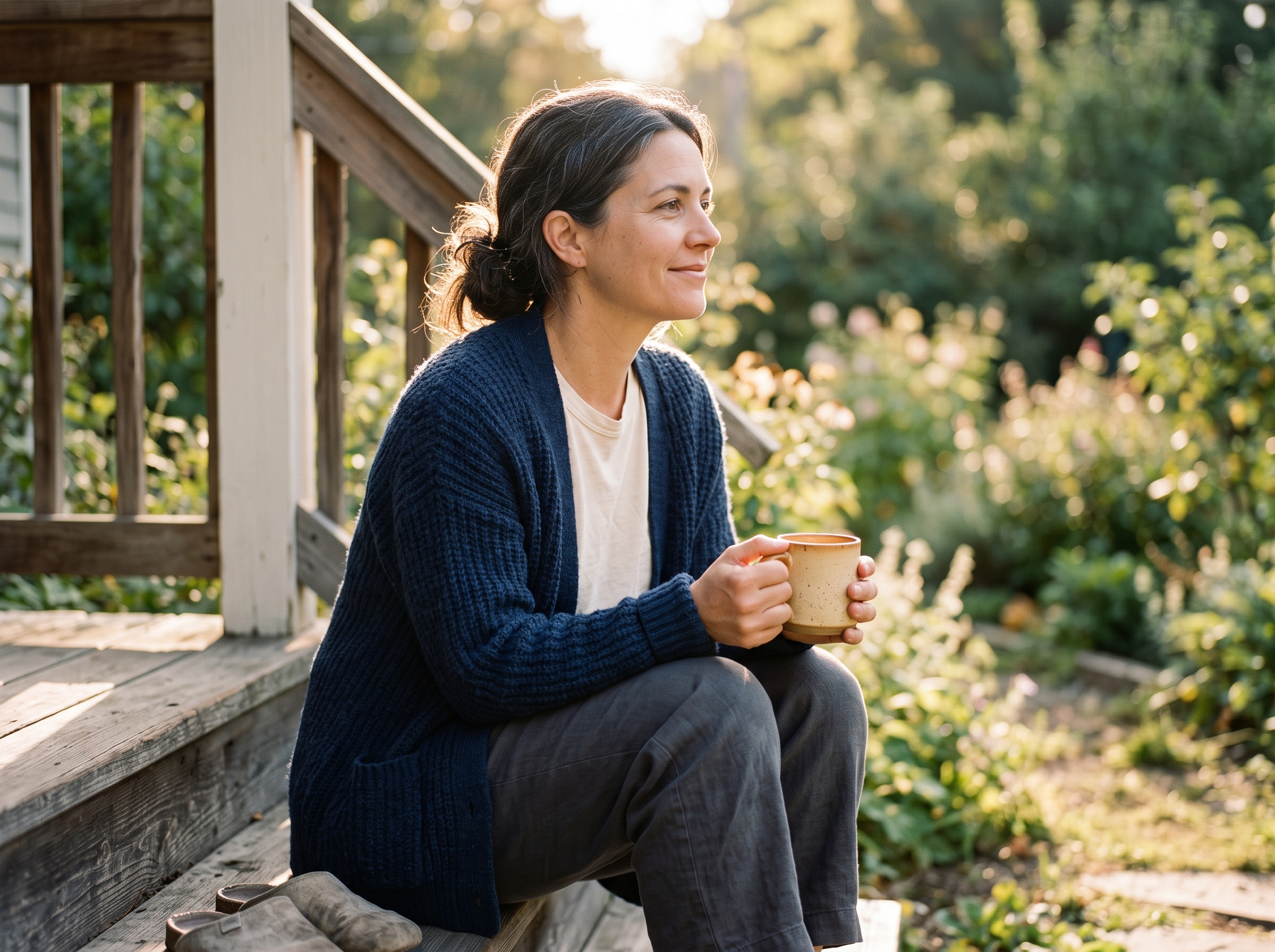 A person sitting calmly on a sunlit porch step with a mug, a quiet moment of recovery at home.