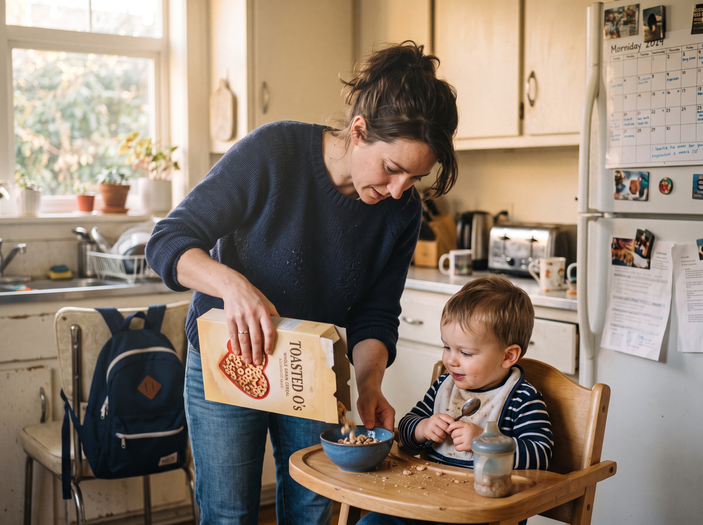 A young family in a sunlit home, a quiet everyday moment.