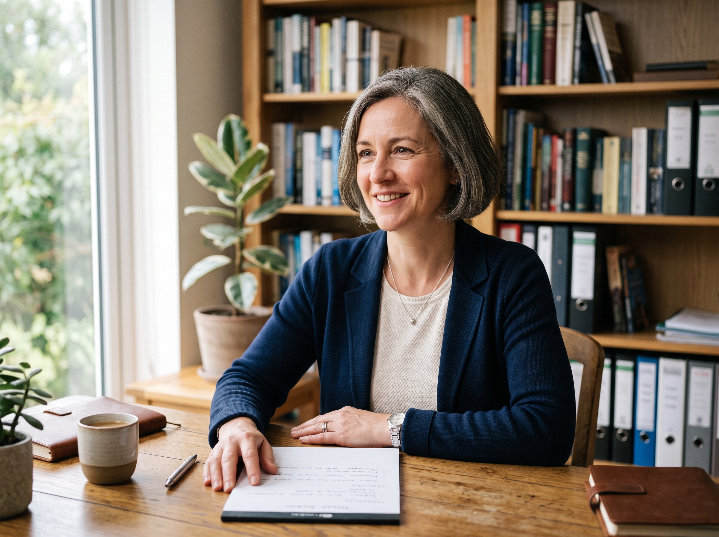 An advisor seated at a wooden desk in warm natural light, mid-conversation.